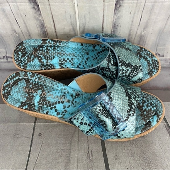 Donald Pliner Illiad Leather Snake Buckle Platform Cork Wedges Blue Black - Picture 5 of 13